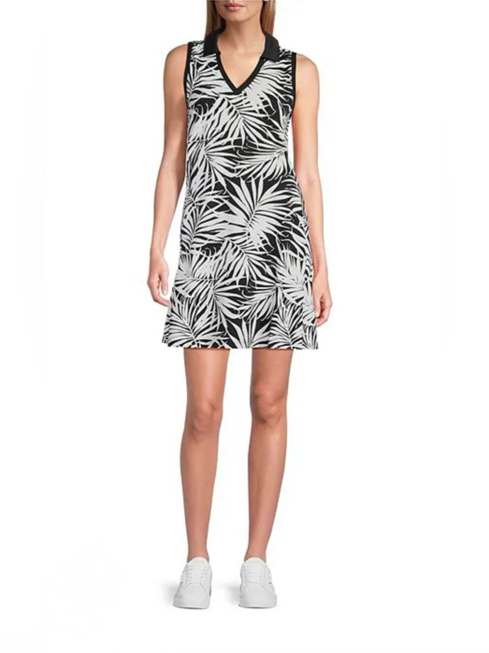 Tommy Bahama Island Zone Black & White Tropical Leaf Polo-Collar Sleevelessdress